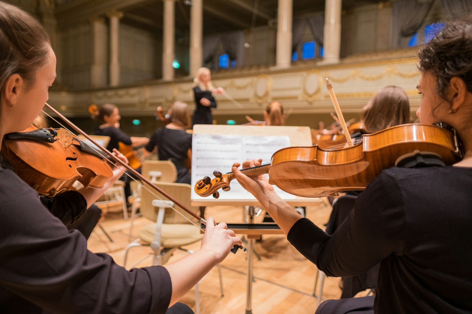 String players in an elegant concert hall